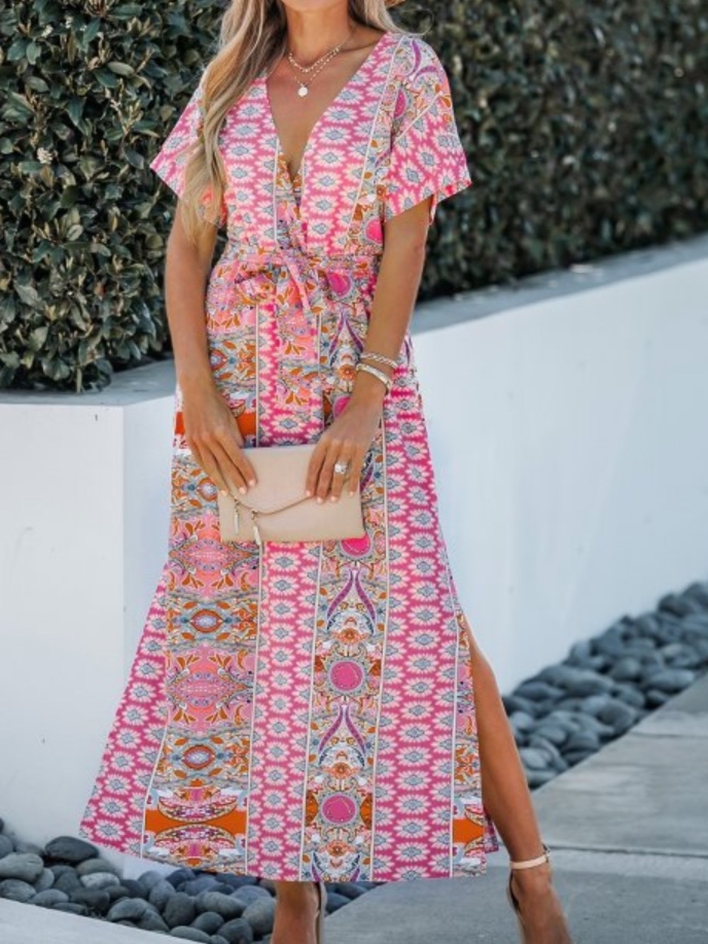 Cupshe NWT M Boho Floral Pink GEO PRINT high slit BEACHY Maxi Dress